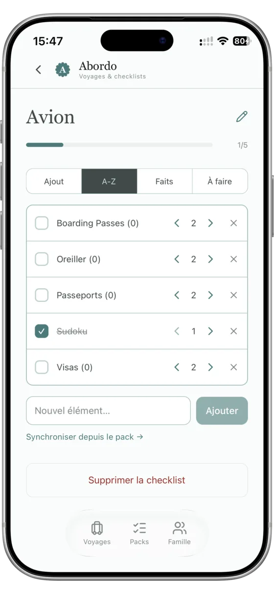 Checklist Avion avec un compteur par ligne