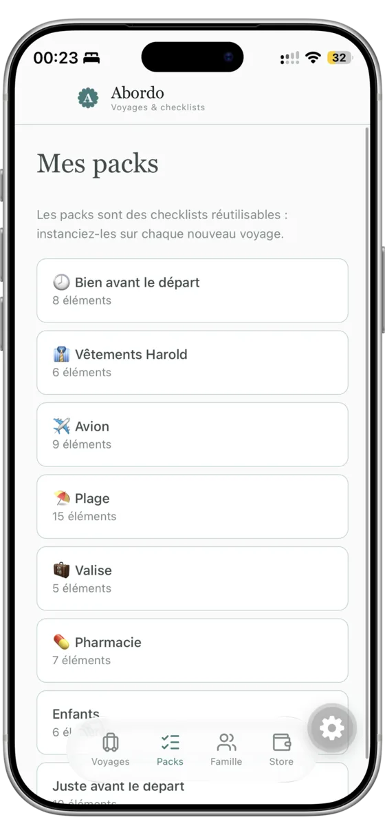 Packs de checklists réutilisables