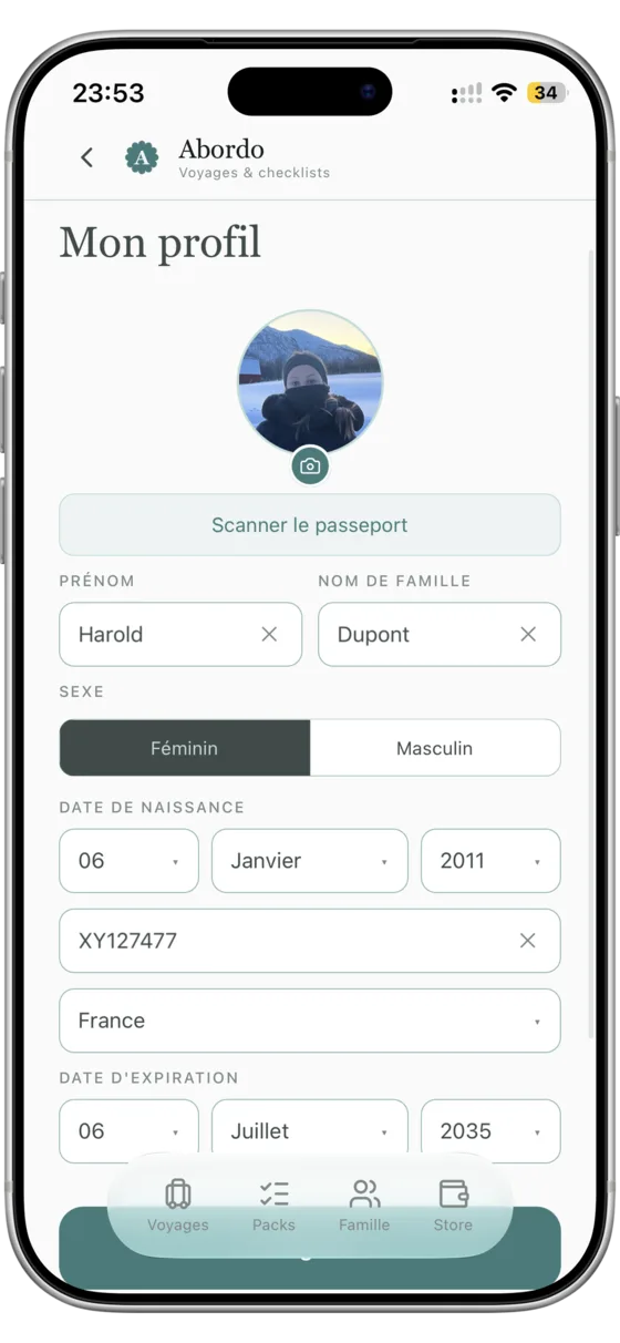 Profil d'un voyageur avec les données de passeport