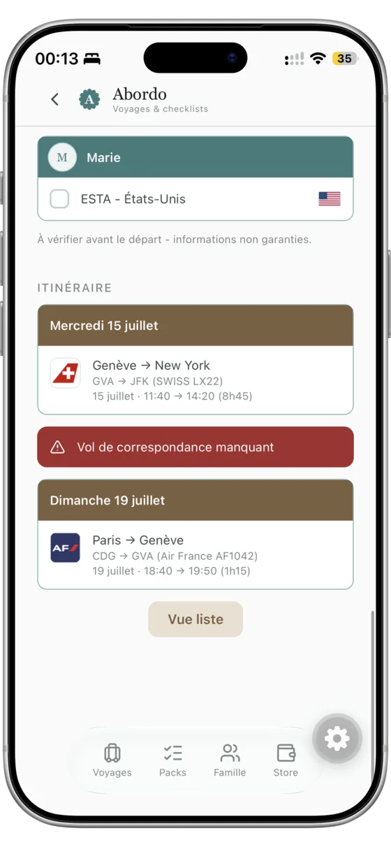 Itinéraire par jour avec vols et alerte de correspondance manquante